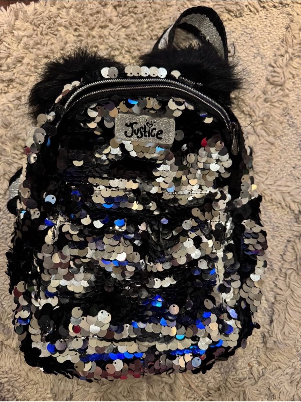 Justice Girls Small Sequin Backpack Black Silver Reversible Sequins Mini Bag